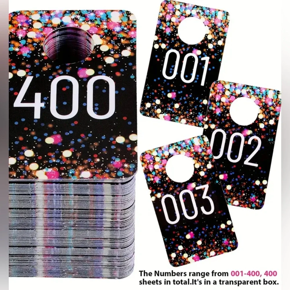 400pc Inventory Number Tags COAT ROOM TAGSPLASTIC MIRROR IMAGE n transparent box